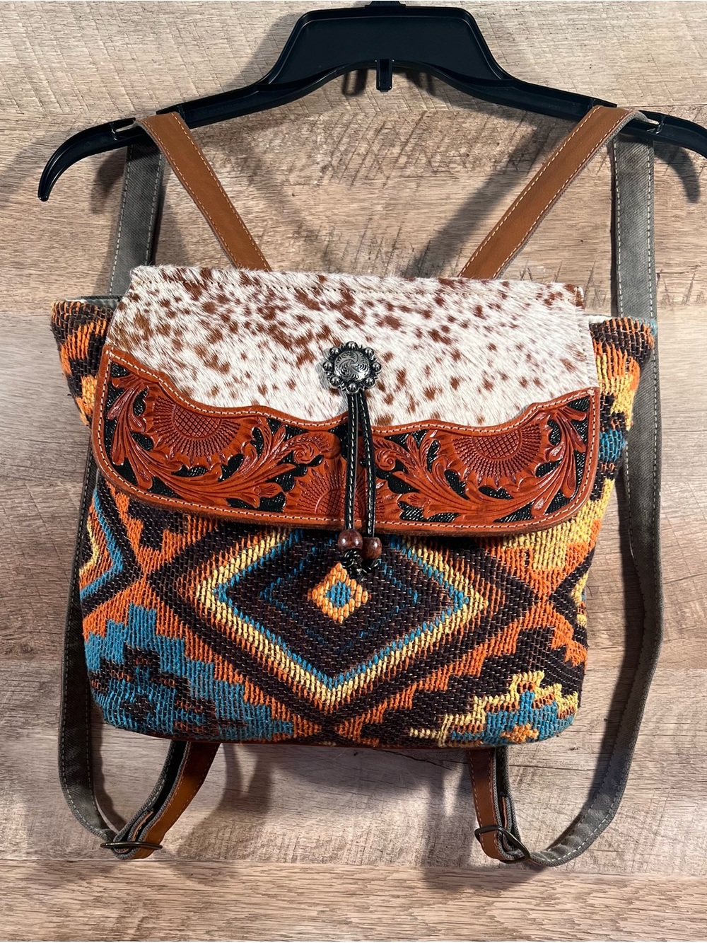 Myra Bag Burnt Umber Backpack Tooled Leather Hair-on Hide Western